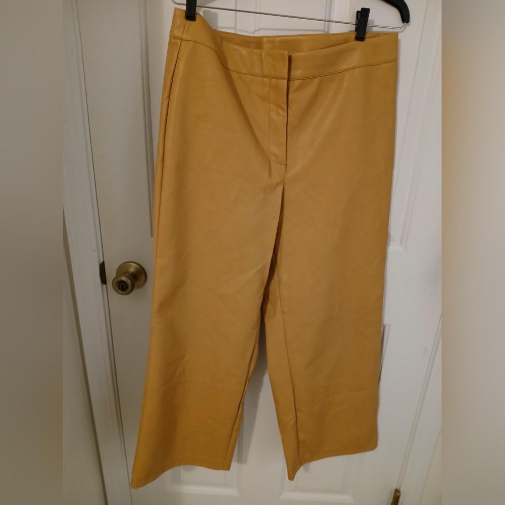 Bagatelle Faux Leather High Rise Wide Leg Cropped Pants, Camel, Size Large